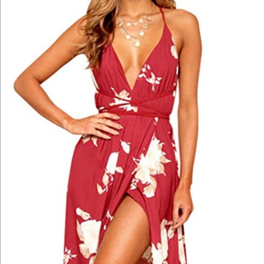 Red, strappy maxi dress